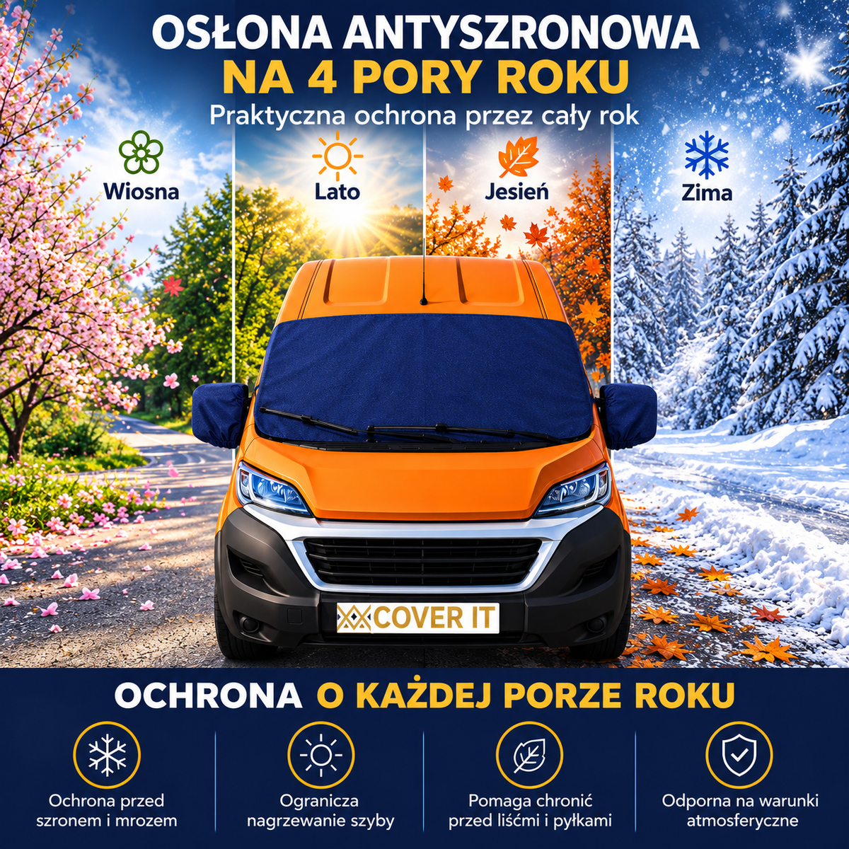 Zestaw mata antyszronowa + pokrowce na wycieraczki i lusterka do busa granatowy