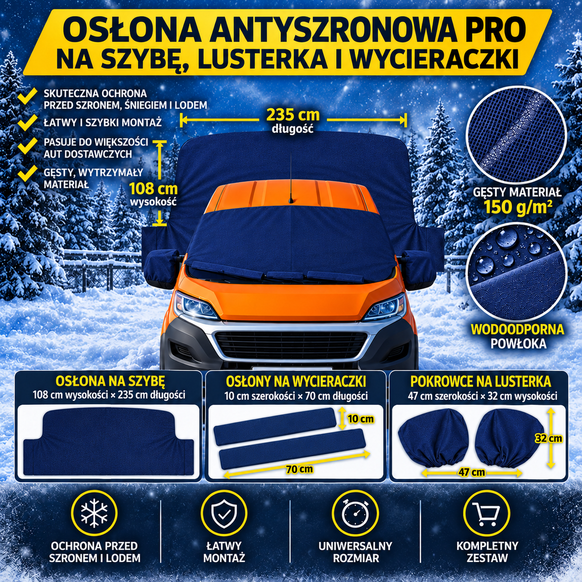 Zestaw mata antyszronowa + pokrowce na wycieraczki i lusterka do busa granatowy