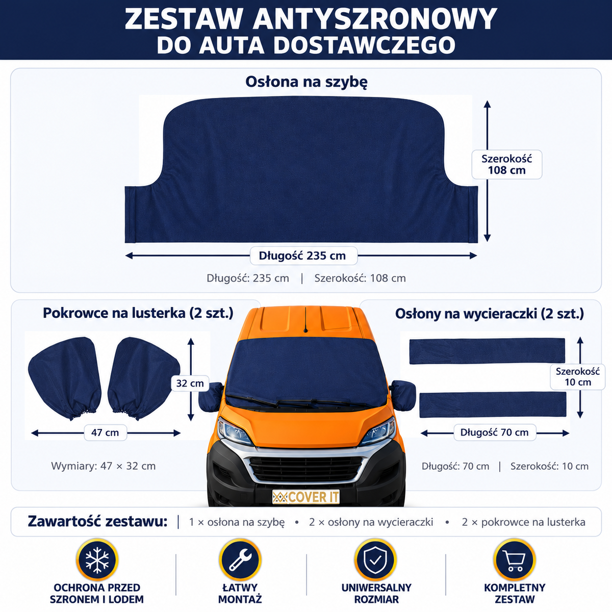 Zestaw mata antyszronowa + pokrowce na wycieraczki i lusterka do busa granatowy